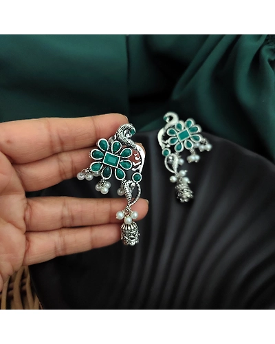 Oxidised Peacock Jhumki Earrings-3