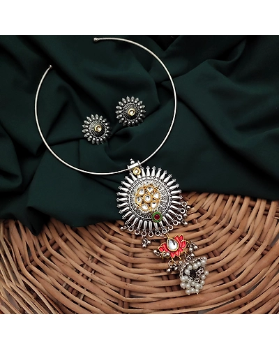 Oxidised Fusion Hasli Necklace Earrings Set-12670483