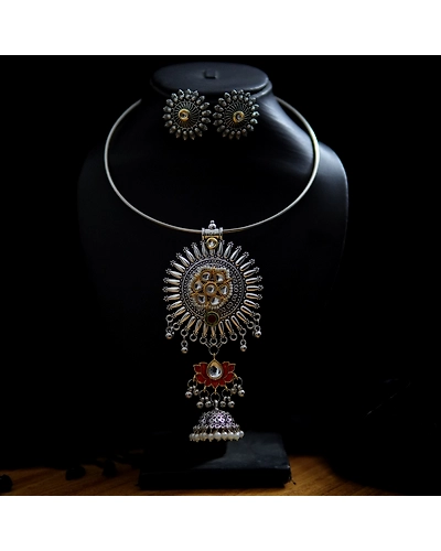 Oxidised Fusion Hasli Necklace Earrings Set-1