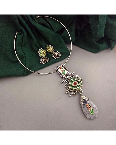Oxidised Fusion Hasli Necklace Earrings Set-2