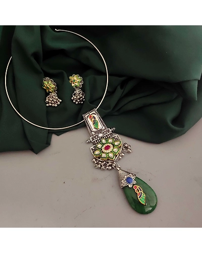 Oxidised Fusion Hasli Necklace Earrings Set-3