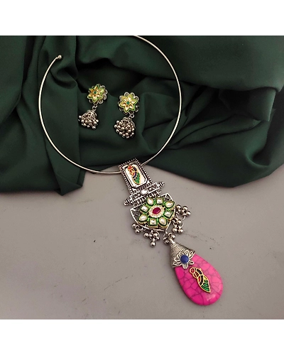 Oxidised Fusion Hasli Necklace Earrings Set-4
