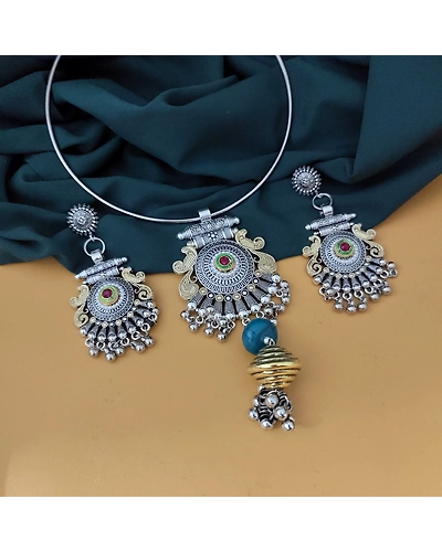 Oxidised Two Tone Hasli Necklace Earrings Set-1