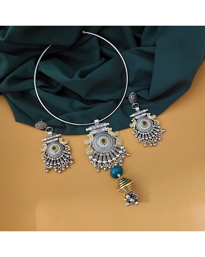 Oxidised Two Tone Hasli Necklace Earrings Set-2