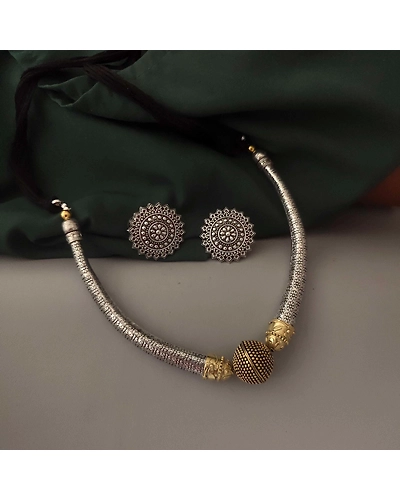 Oxidised Two Tone Hasli Necklace Earrings Set-3