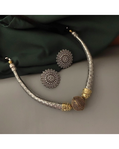 Oxidised Two Tone Hasli Necklace Earrings Set-4