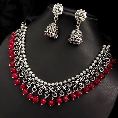 Gonasika Oxidised Beads German Silver Necklace Earrings Set