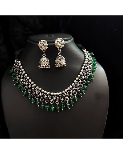 Oxidised Beads German Silver Necklace Earrings Set-2