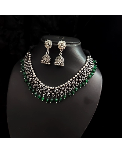 Oxidised Beads German Silver Necklace Earrings Set-3