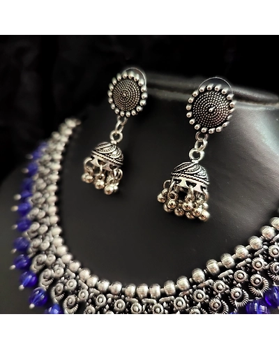 Oxidised Beads German Silver Necklace Earrings Set-4