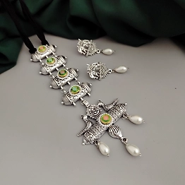 Gonasika Oxidised Glass Beads Tie Necklace Earrings Set