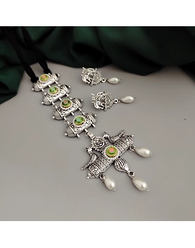 Oxidised Glass Beads Tie Necklace Earrings Set