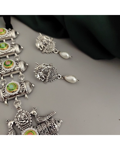 Oxidised Glass Beads Tie Necklace Earrings Set-1