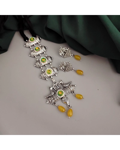 Oxidised Glass Beads Tie Necklace Earrings Set-4