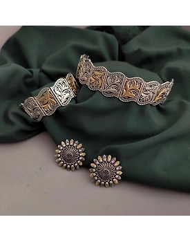 Two tone Oxidized choker necklace earrings set with adjustable Bracelet