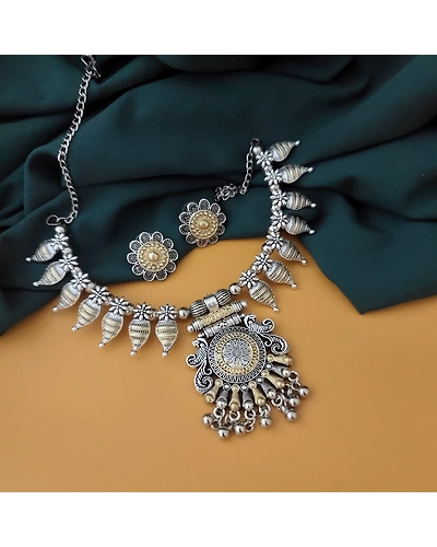 Oxidised Two tone Choker Necklace Earrings Set-12670449