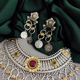 gonasika oxidised two tone necklace earrings set