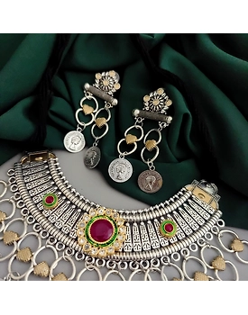 Oxidised Two tone Necklace Earrings Set