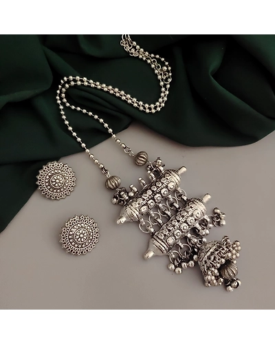 Oxidised Long Chaoin Tribal Necklace Earrings Set-12670411