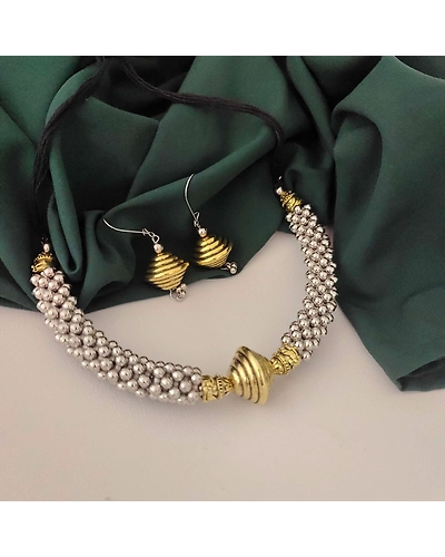 Oxidised Two tone Ghungroo Hasli Necklace Earrings Set-12670403