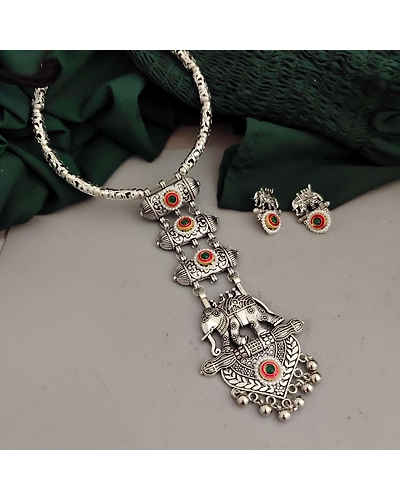 Oxidised Elephant Tie Hasli Necklace Earrings Set-1