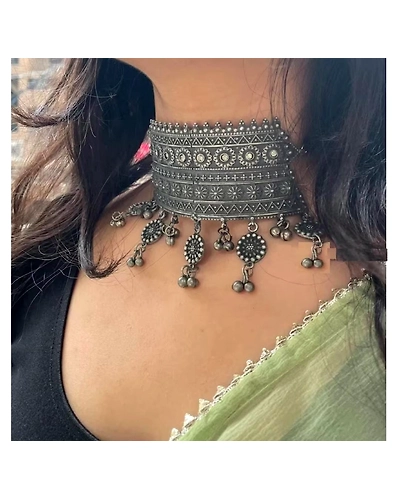 Oxidised choker necklace earrings set-12670641