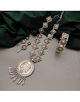 Two tone Long Necklace Earrings Set with Bracelet Adjustable
