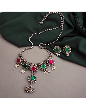 Oxidised Long Multi Chain Necklace Earrings Set
