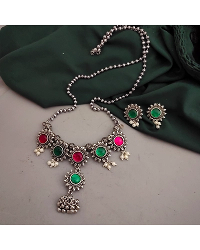 Oxidised Long Multi Chain Necklace Earrings Set-1
