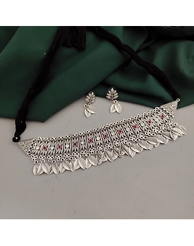 Oxidised Leaf Choker Necklace Earrings Set