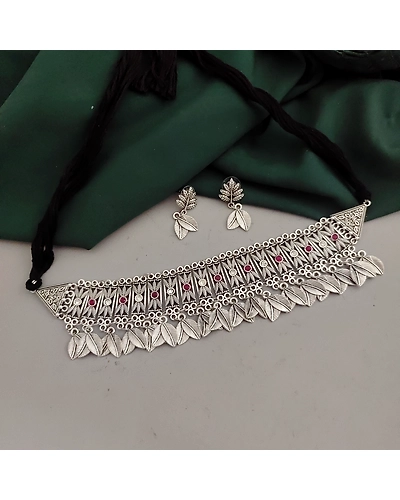 Oxidised Leaf Choker Necklace Earrings Set-12670635