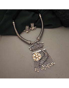 Oxidised Peacock Traditional Hasli Necklace Earrings Set