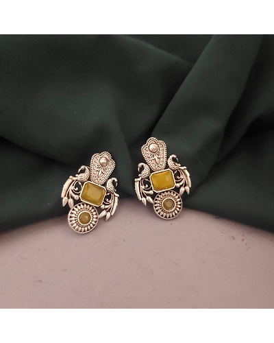 Silver Lookalike Monalisa Stone Stud Earrings-Yellow-12670617
