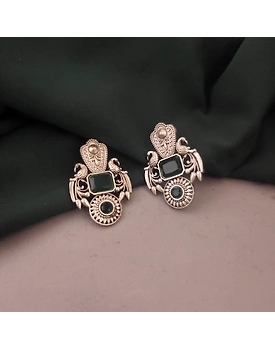 Silver Lookalike Monalisa Stone Stud Earrings-Green