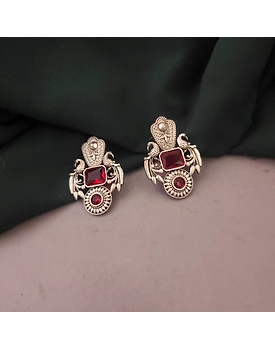 Silver Lookalike Monalisa Stone Stud Earrings-Red