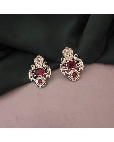 Silver Lookalike Monalisa Stone Stud Earrings-Red-12670611