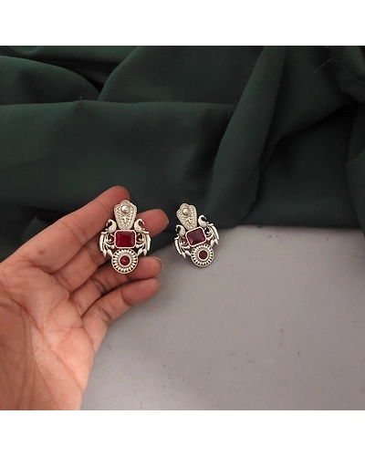 Silver Lookalike Monalisa Stone Stud Earrings-Red-2