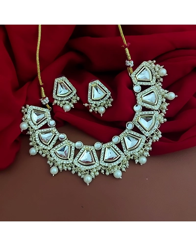 Kundan Pearl Choker Necklace Earrings Set-12670599