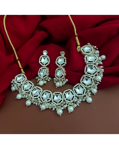 Kundan Pearl Choker Necklace Earrings Set-2
