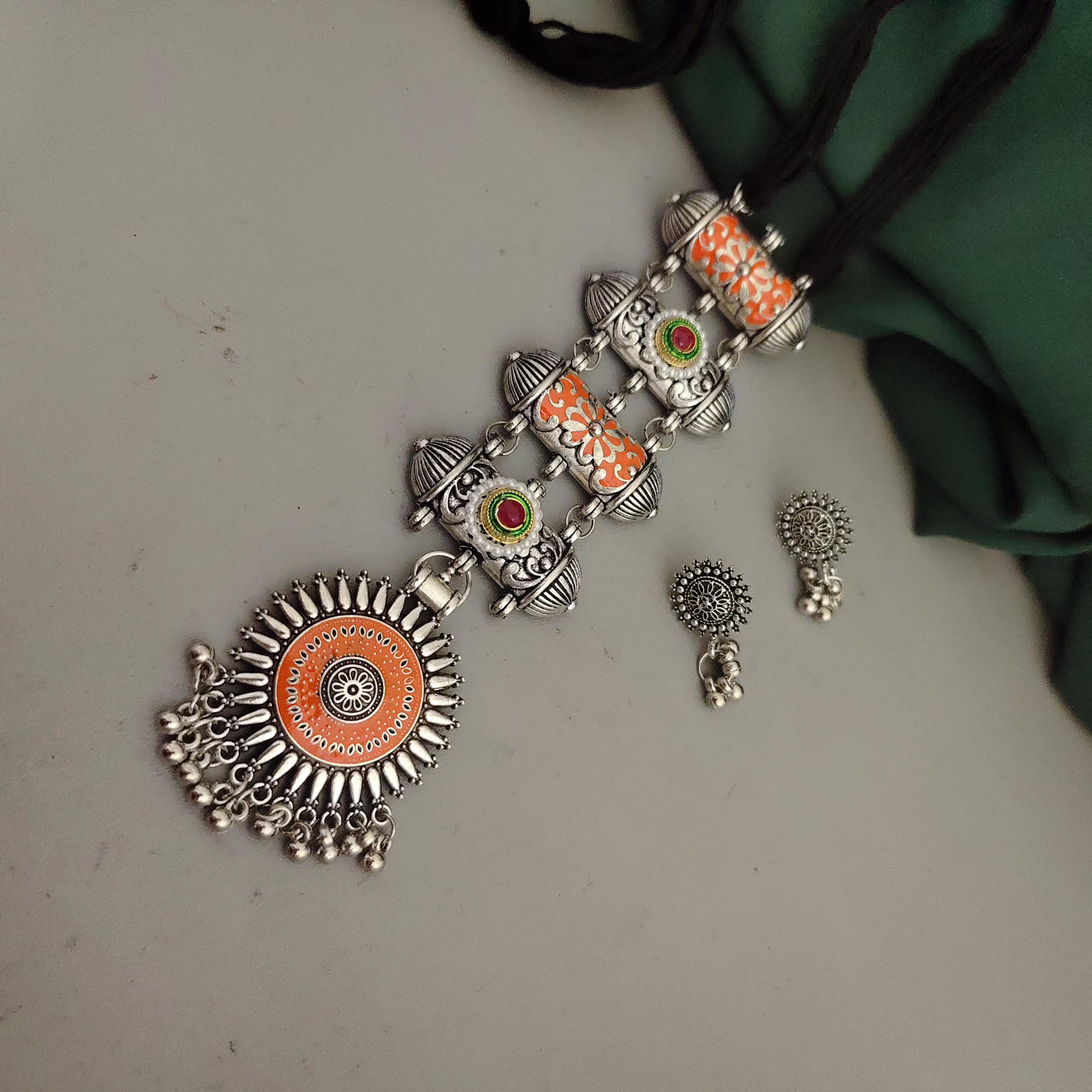 Oxidised Meenakari Tie Necklace Earrings Set image 2