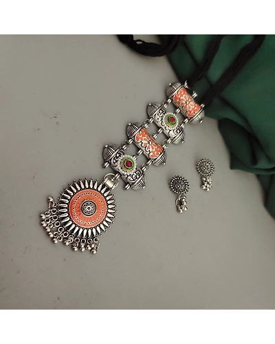 Oxidised Meenakari Tie Necklace Earrings Set-1