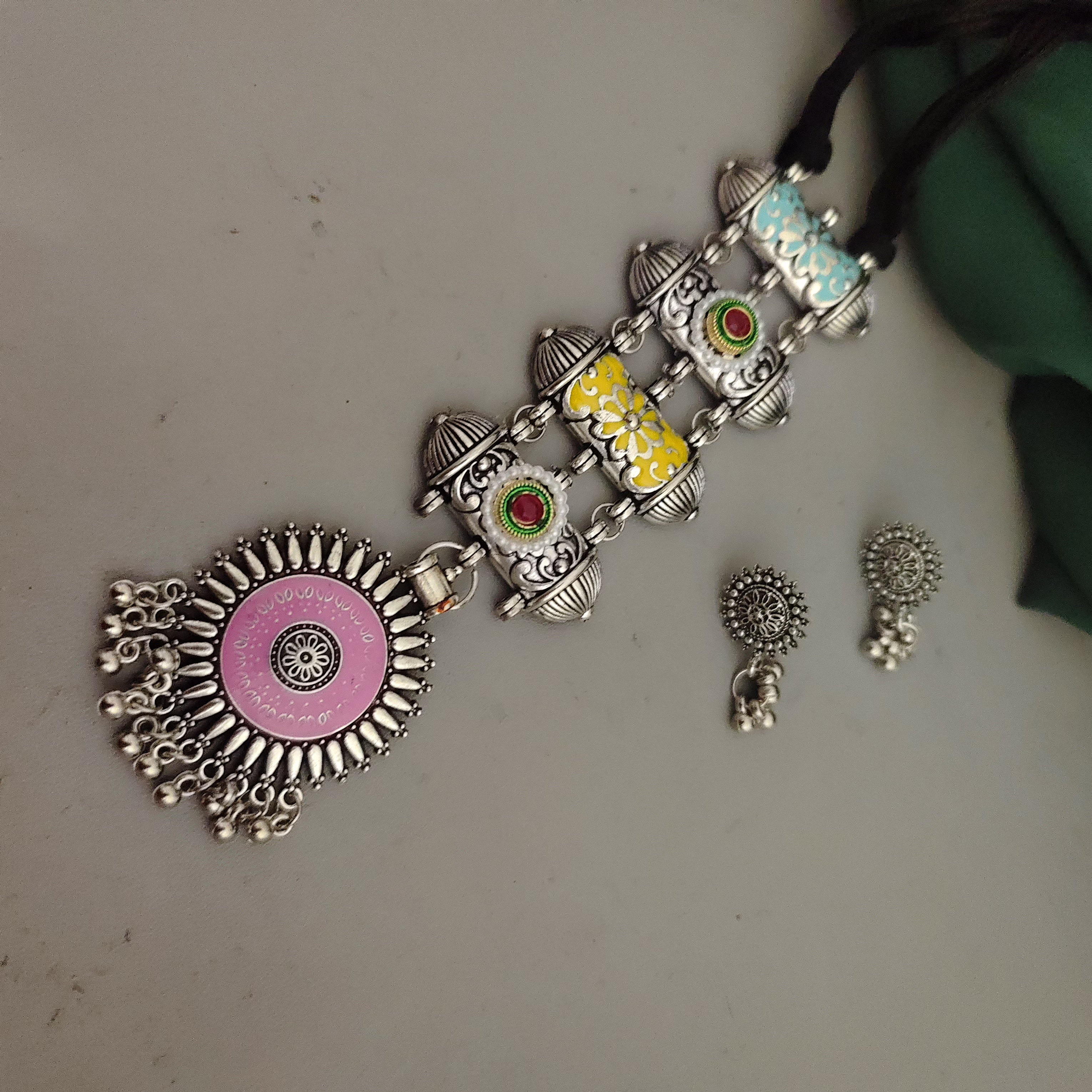 Oxidised Meenakari Tie Necklace Earrings Set image 3