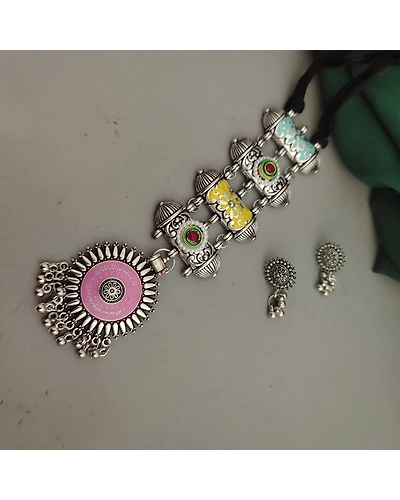 Oxidised Meenakari Tie Necklace Earrings Set-2
