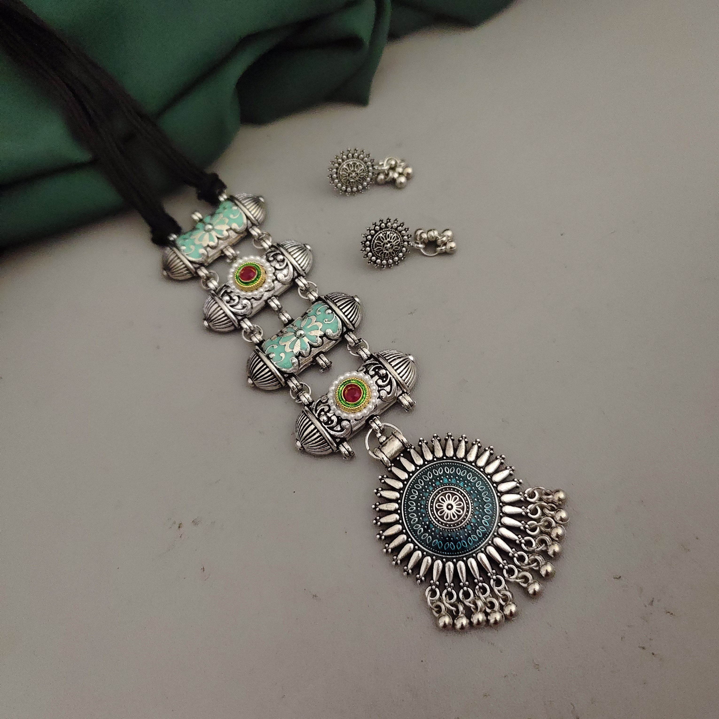 Oxidised Meenakari Tie Necklace Earrings Set image 4