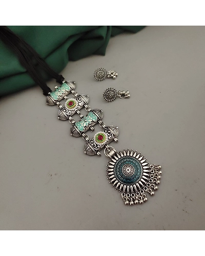 Oxidised Meenakari Tie Necklace Earrings Set-3