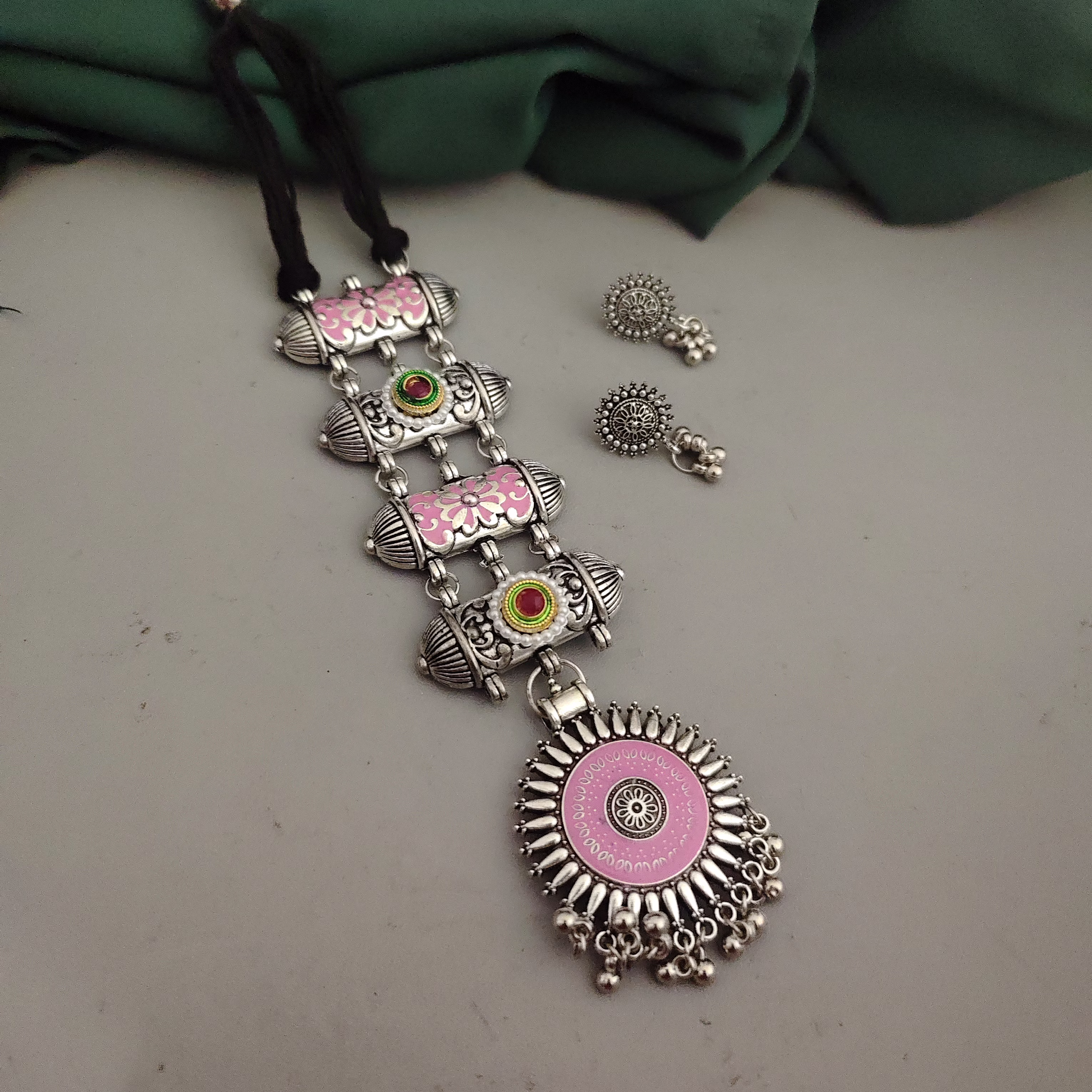 Oxidised Meenakari Tie Necklace Earrings Set image 5