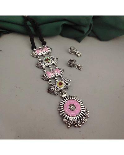 Oxidised Meenakari Tie Necklace Earrings Set-4