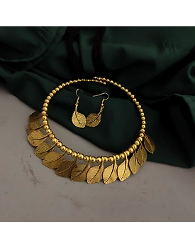 Oxidised Golden Leaf Choker Necklace Earrings Set