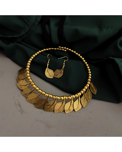 Oxidised Golden Leaf Choker Necklace Earrings Set-12670595