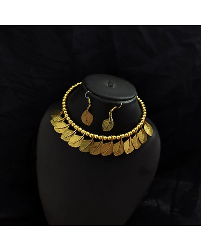 Oxidised Golden Leaf Choker Necklace Earrings Set-2